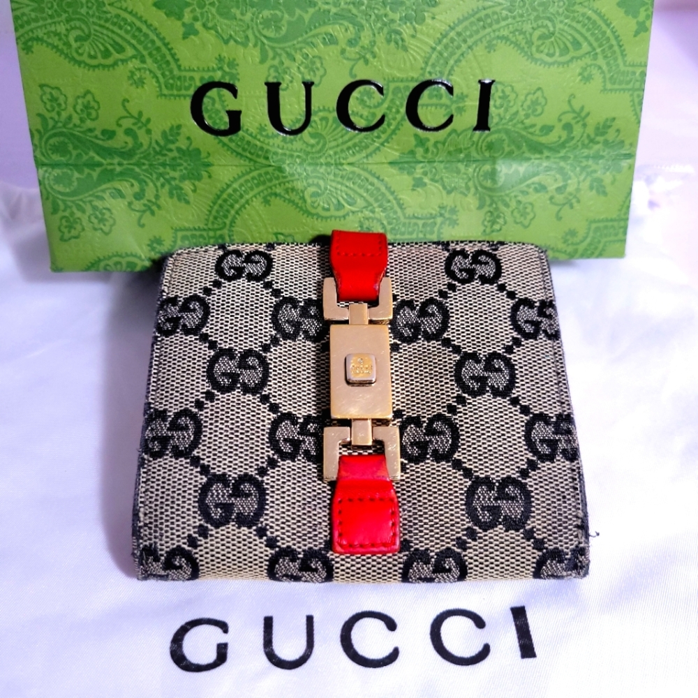 GUCCI Jackie Monogram Beige Navy Canvas Jackie Sherry Line Leather Wallet